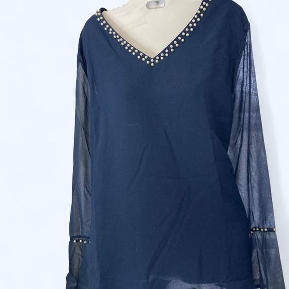 The Unbranded Brand Tops - Navy blue sheer long sleeve blouse with pearl details 3XL